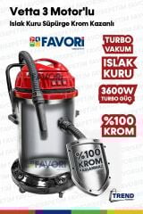HerKoşulda Yüksek Vakum Gücü 3 Motorlu Islak -Kuru Krom Kazanlı Süpürge 3600W Aksesular Hediyeli