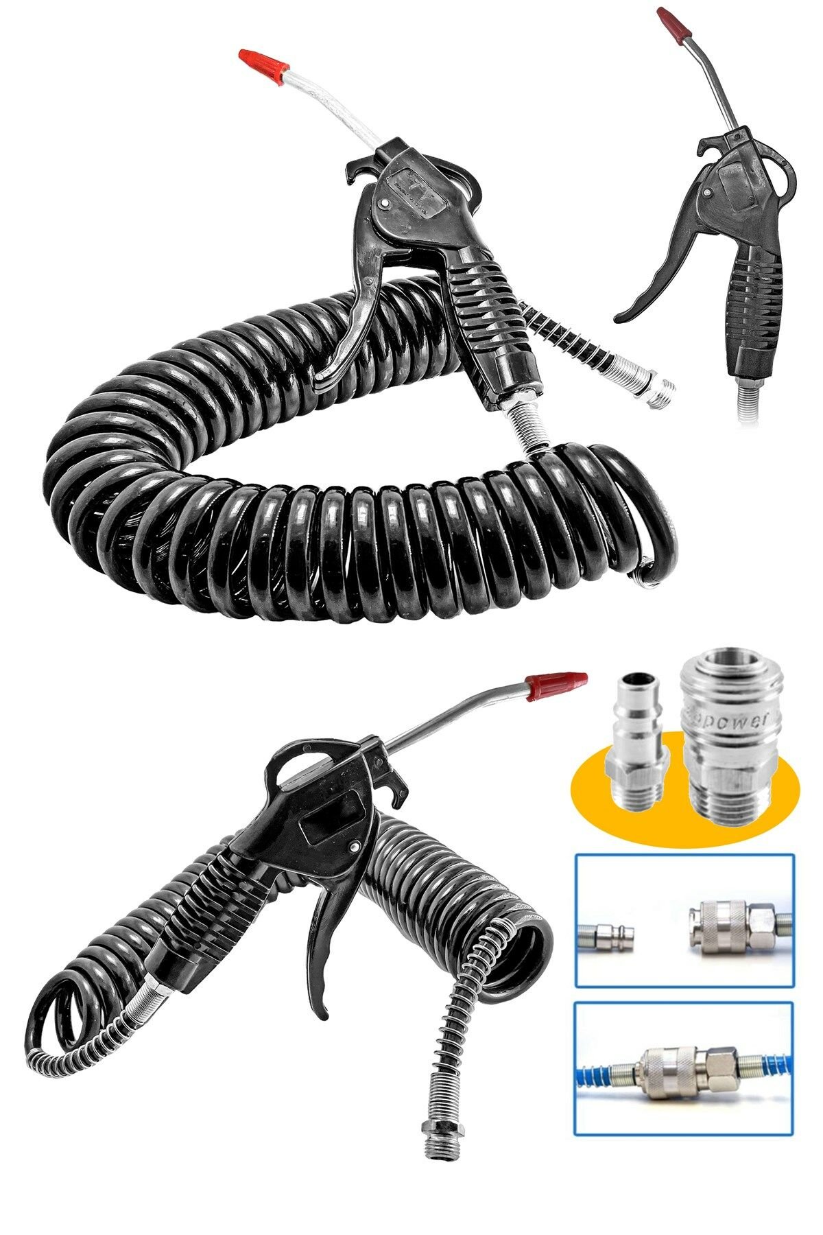 Yüksek Kalite Hava Üfleme Toz Alma 7Mt Hava Tabancası  Spiral Hava Hortumu ve Bağlantı Aparatı Kiti