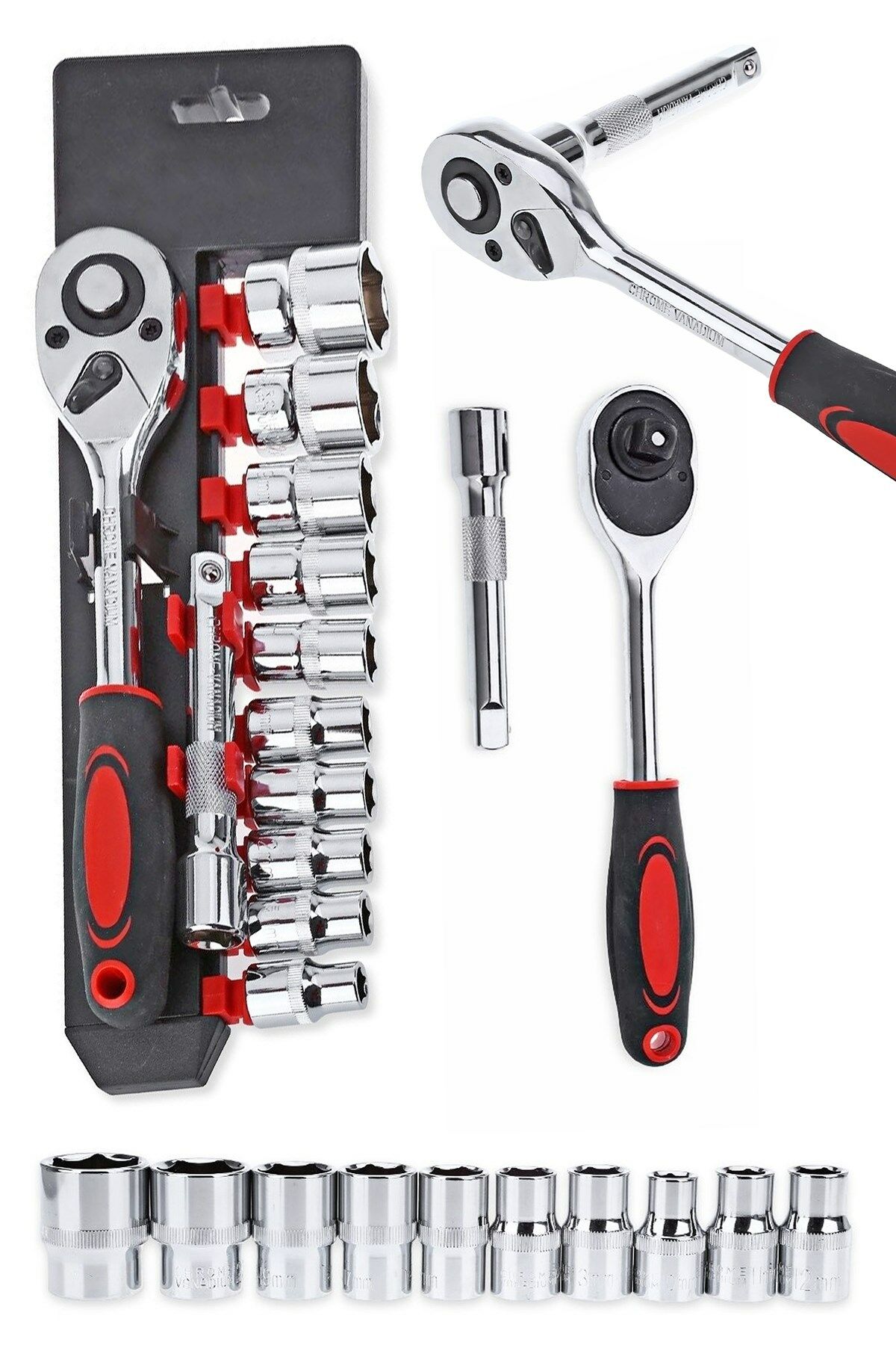 Favorisepetim Profesyonel 12 Parça Krom Vanadyum Çelik Standlı Cırcır Set Kaliteli Lokma Takımı