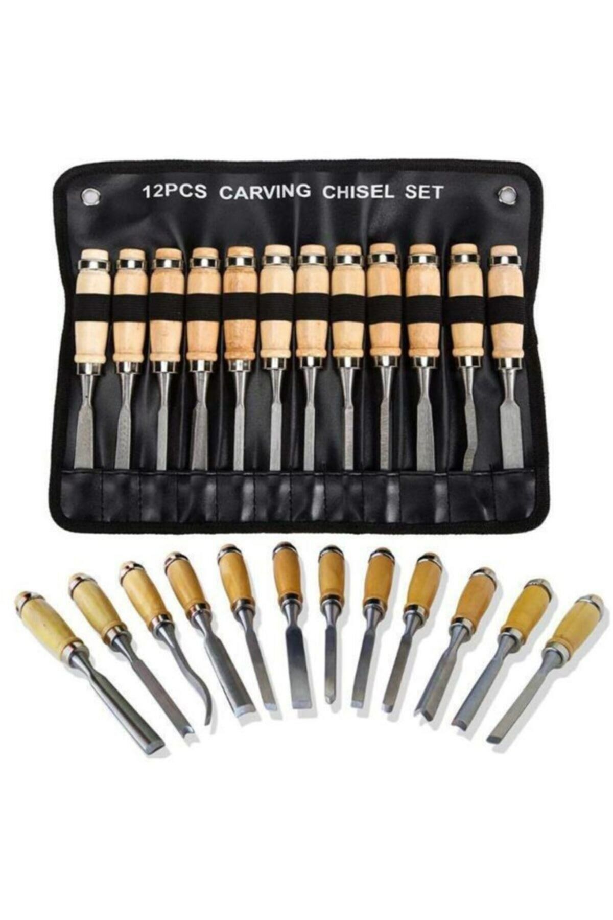 Yüksek Kalite  12 Parça Profesyonel Iskarpela Ahşap Saplı Oyma Seti Özel Çantalı