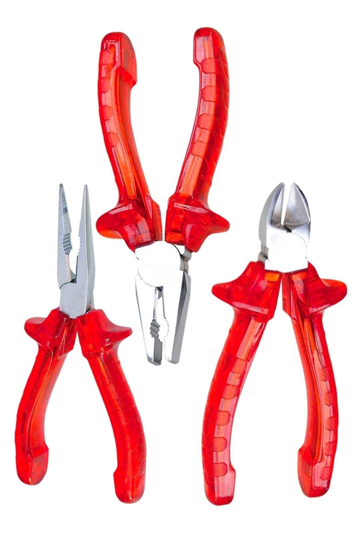 Yüksek Kalite Kırmızı Şeffaf Saplı 3 lü kombine  Pense Kargaburun Yankeski Profesyonel Set