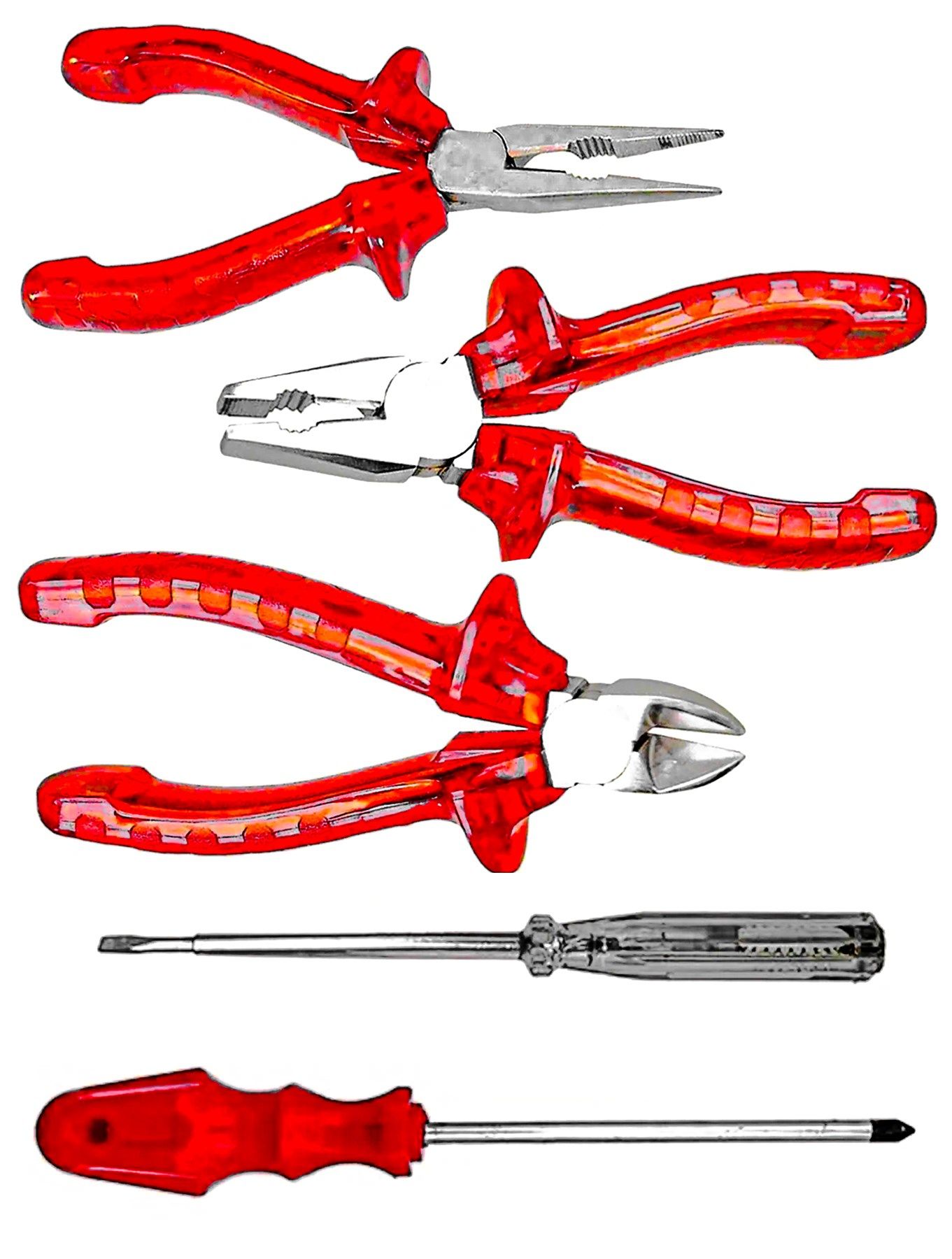 Yüksek Kalite Kırmızı Şeffaf Saplı 5li Pense, Kargaburun, Yankeski,Kontrol Kalemi ,Yıldız Set