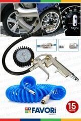 Yüksek Kalite Hava Üfleme Toz Alma 15MT Spiral Hava Hortumu ve Saatli Lastik Şişirme Hava Tabancası