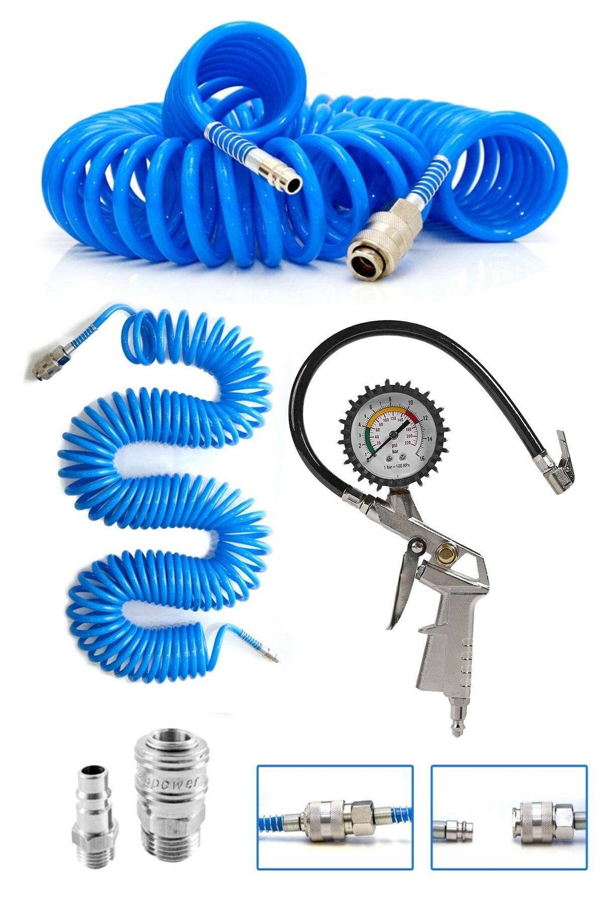 Yüksek Kalite Hava Üfleme Toz Alma 15MT Spiral Hava Hortumu ve Saatli Lastik Şişirme Hava Tabancası