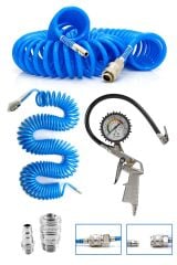 Yüksek Kalite Hava Üfleme Toz Alma 15MT Spiral Hava Hortumu ve Saatli Lastik Şişirme Hava Tabancası