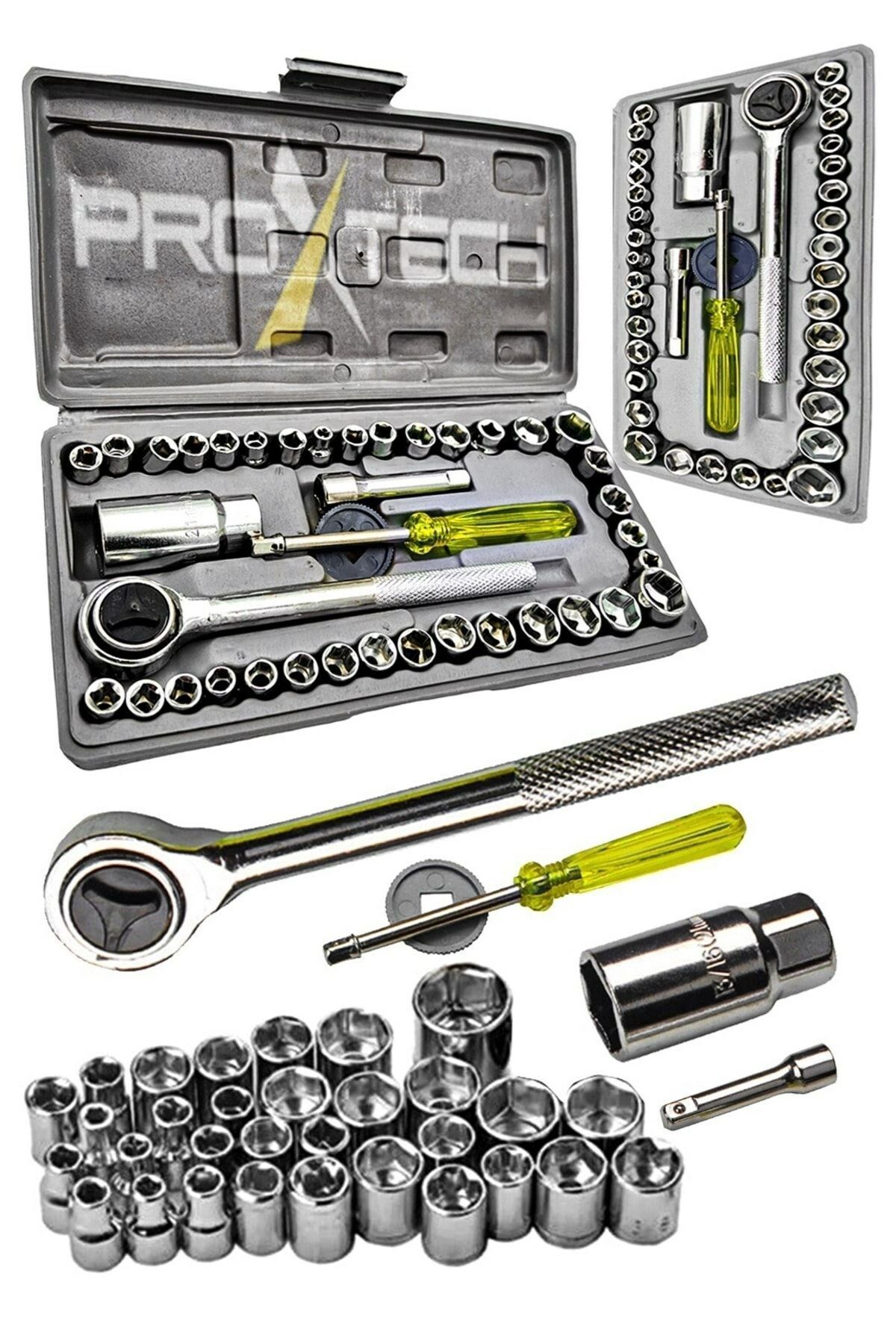 Yüksek Kalite Çantalı Çok Fonksiyonlu  Krom Kaplı Çelik 40 Parça Cırcırlı Lokma Seti