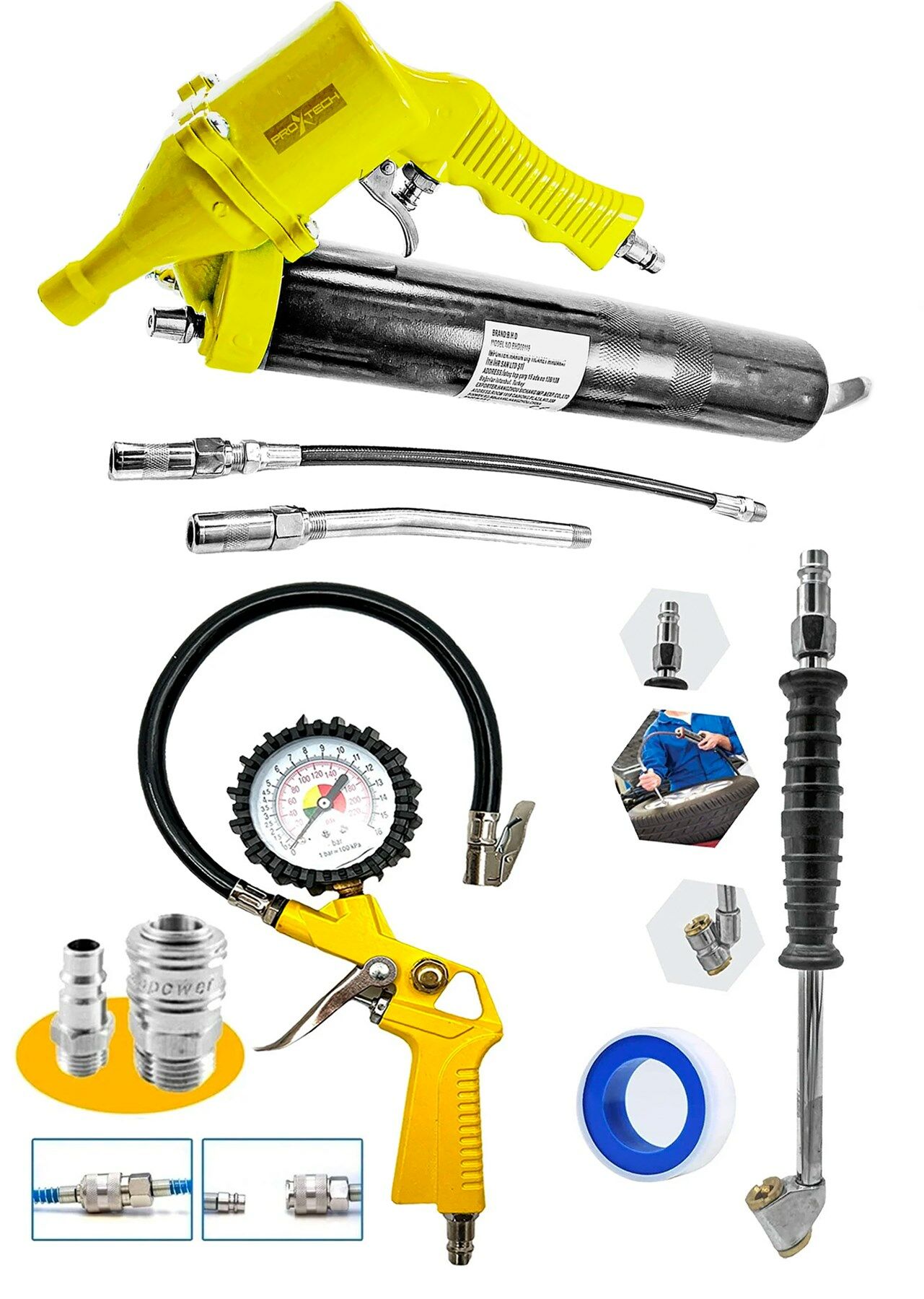 Yüksek Kalite Büyük Boy Havalı Gres Yağ Tabancası 500cc, 220PSI Saatli Lastik Şişirme Ful Takım