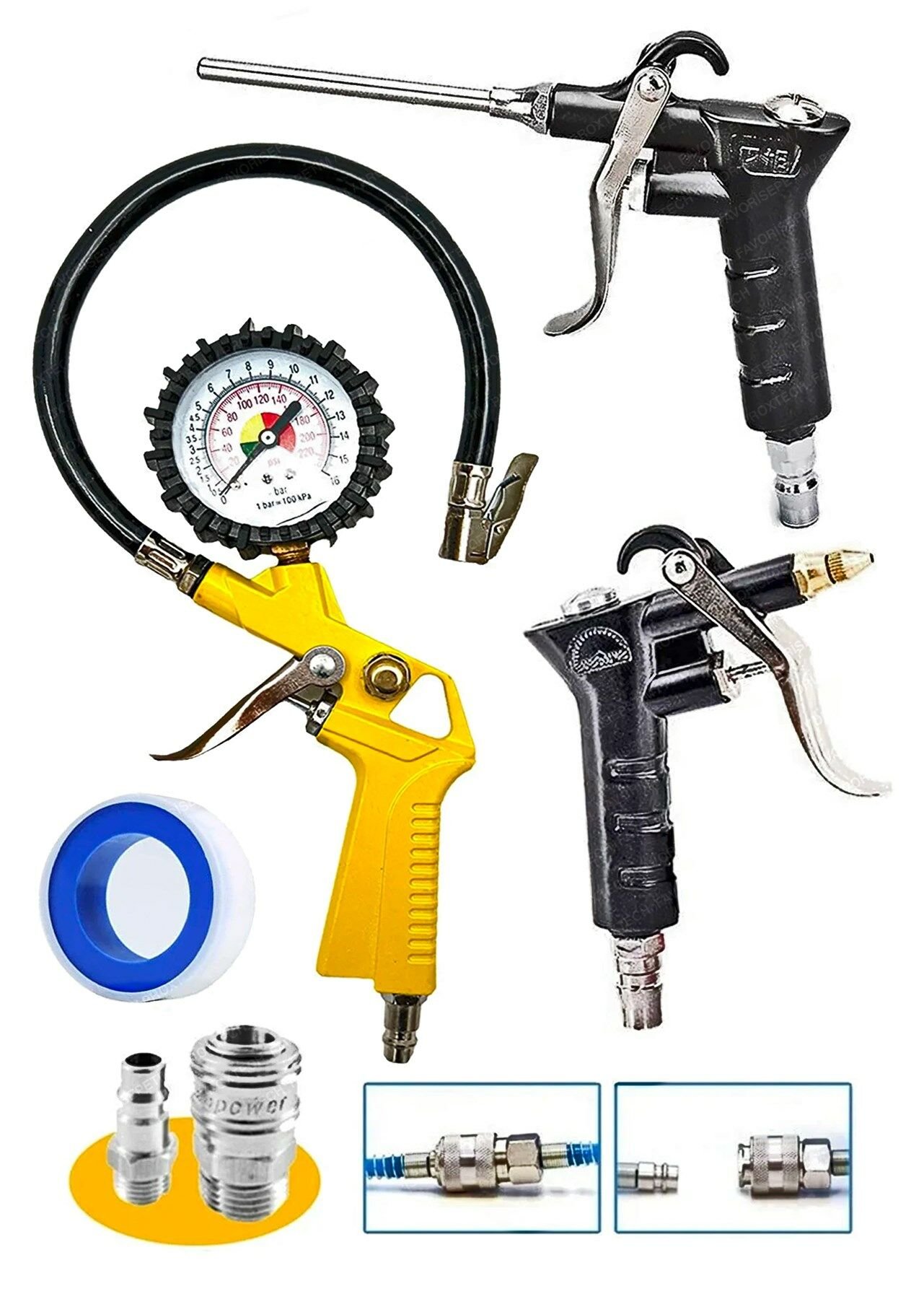 Yüksek Kalite  220 PSI Saatli Lastik Şişirme,  Hava Tabancası, Recor Set 3prc