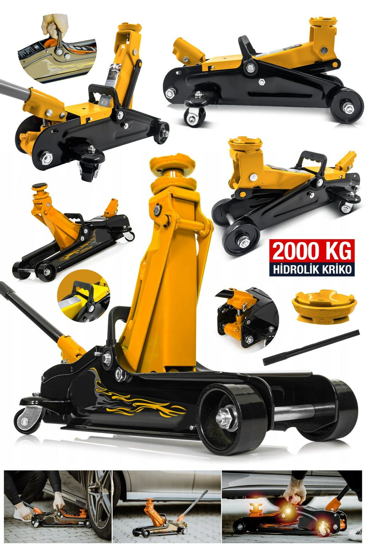 Ultra Series Profesyonel Metal Tekerlekli 2Ton/ 2000 KG Arabalı Hidrolik Kriko Araç Oto Kriko