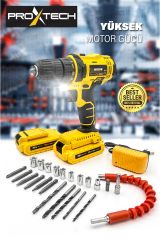 PROXTECH Profesyonel  Çift Akülü Turbo  36V Tork Güçlendirilmiş Akülü Vidalama  Matkap 27 Parça Set