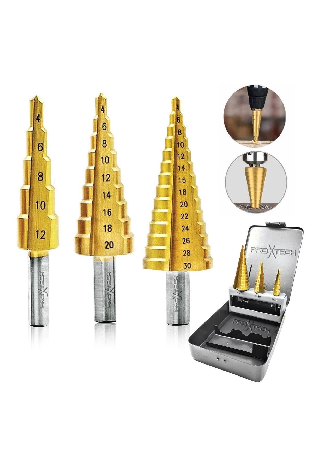 PROXTECH Kademeli HSS Sarmal Matkap Ucu Seti Kademli Sac Delme Çantalı 3 PCS Set 4-12 / 4-20 / 4-32