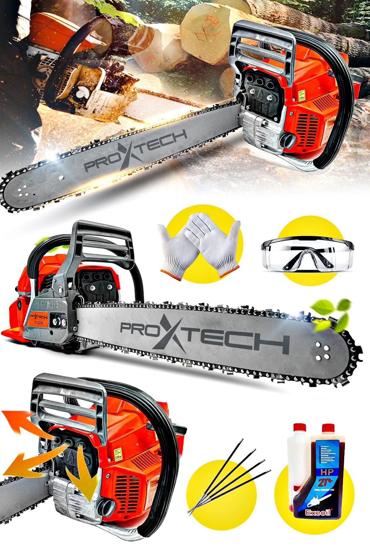 PROX5002 Benzinli 3 Eksozlu 50cm 52cc Ağaç Odun Dal Kesme Makinesi Motorlu Testere Full Paket