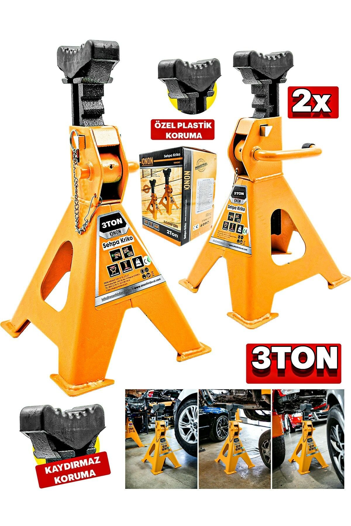 Profesyonel Kaymaz Sarsılmaz Plastik Korumalı 3 Ton Kriko Standı Araç Altı Sehpa (2 ADET SET)