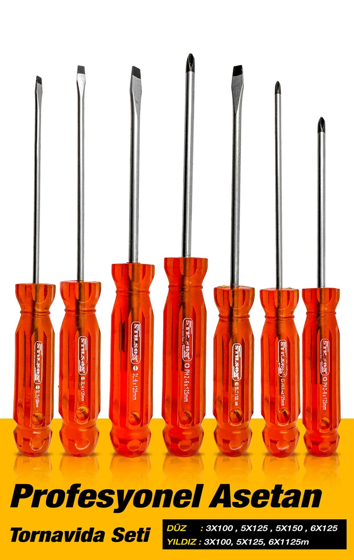 Profesyonel Krom Vanadyum Çelik Manyetik Yıldız Düz Çelik Tornavida Set Takımı Asetat Saplı 7 Parça
