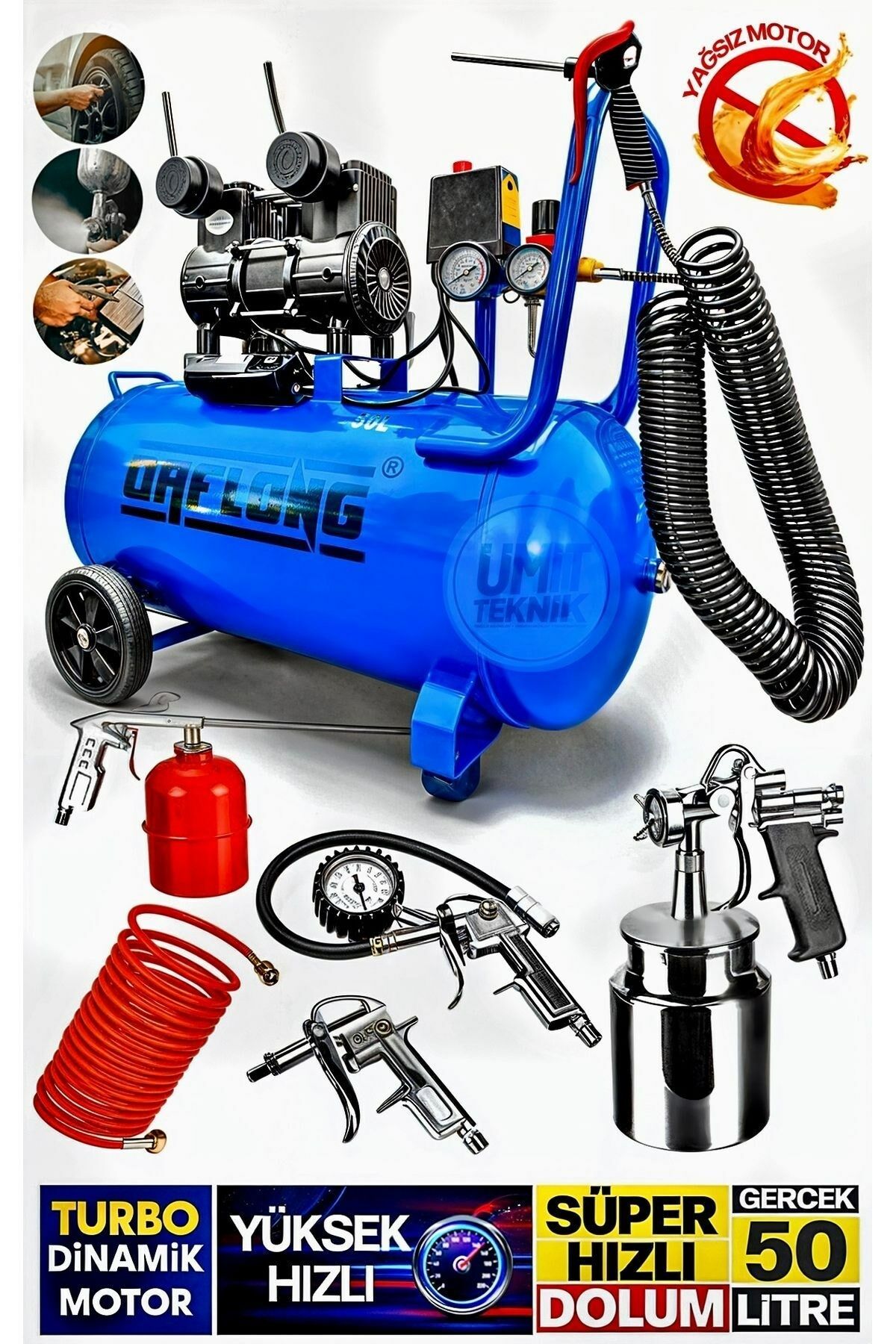 Süper Hızlı Dolum Yüksek Hızlı Motor  YAĞSIZ  Bakır Sargı Turbo Motor 50LT  Hava Kompresörü 5LiTakım