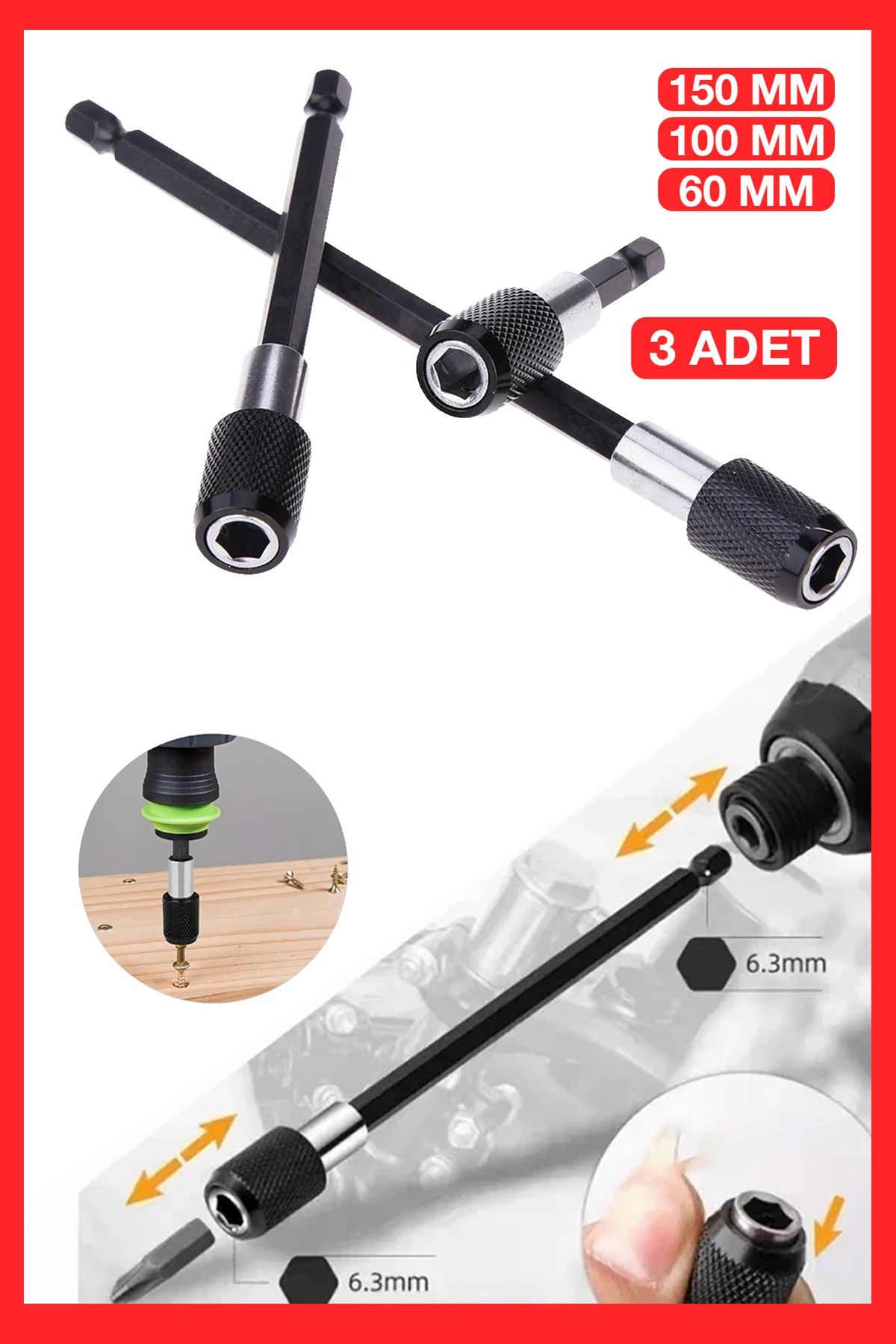 Profesyonel  Paslanmaz Vanadium Çelik   6 10 15 Cm 3 Lü Bits Uzatma Adaptörü 3 Adet