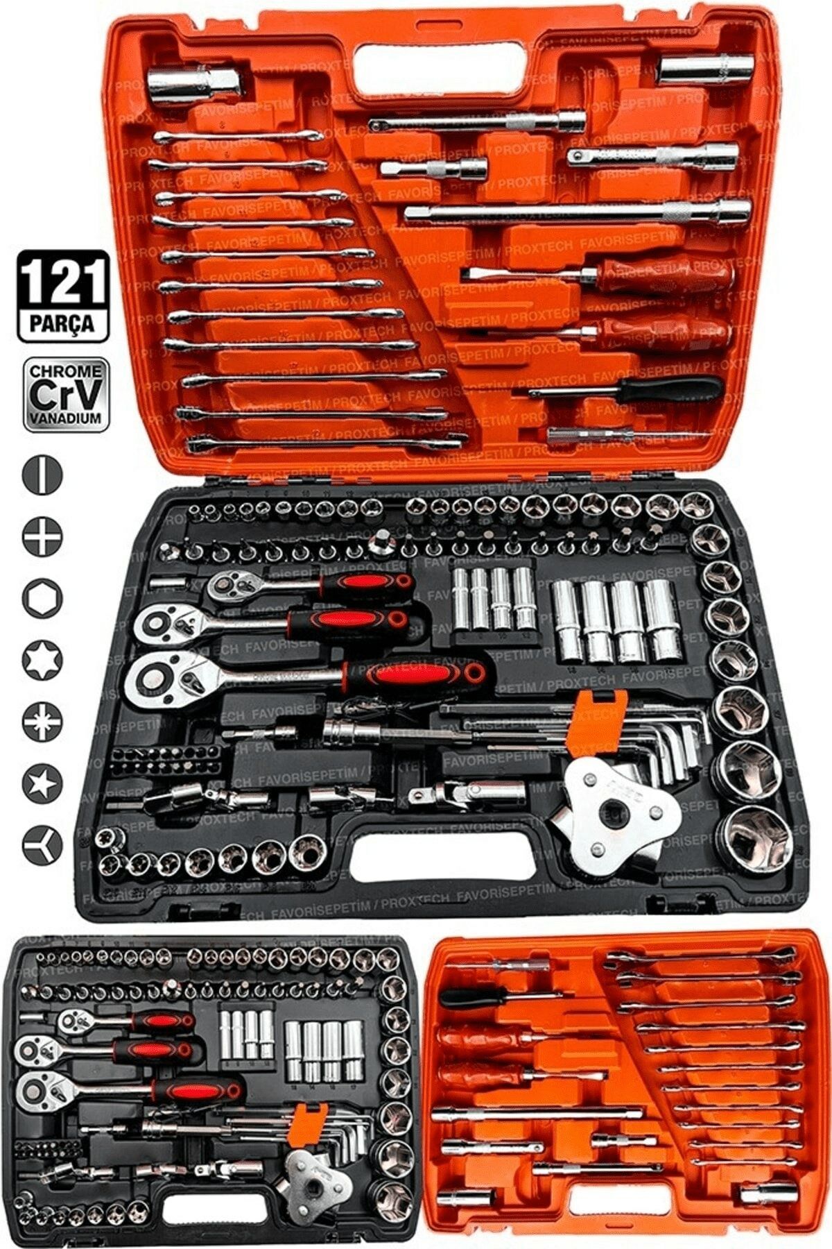 Profesyonel  Mekanik Krom Çelik  Premium Kalite 121 Parça Lokma Takımı 1/2-1/4-3/8 Full Set