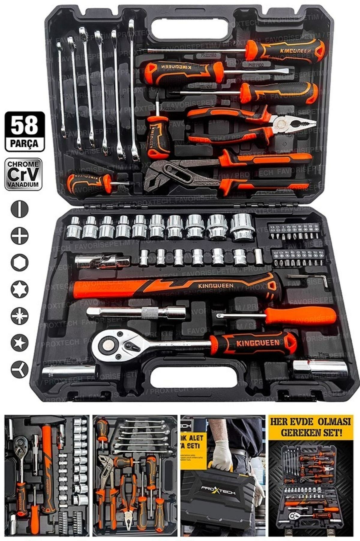 Profesyonel  Bakım Onarım Full Paket 58 Parça Lokma Anahtar Takımı 1- 4 ve 1- 2 El Aletleri Seti