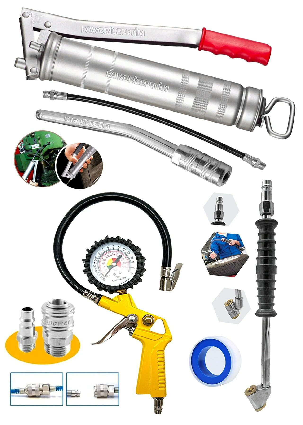 Pro 500cc Büyük Boy Manuel Gres Yağ Tabancası Aksesularlı 220PSI Saatli Lastik Şişirme Ful Takım