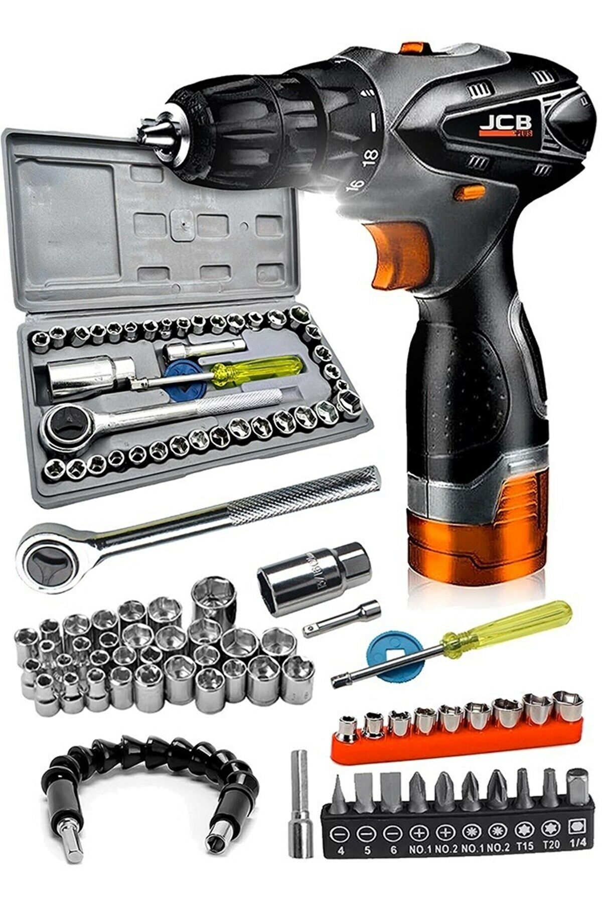 PRO 64 Parça Jsr1800 Professionel Akülü Vidalama Matkap,Krom Kaplı Çelik 40 Parça Cırcırlı Lokma Set