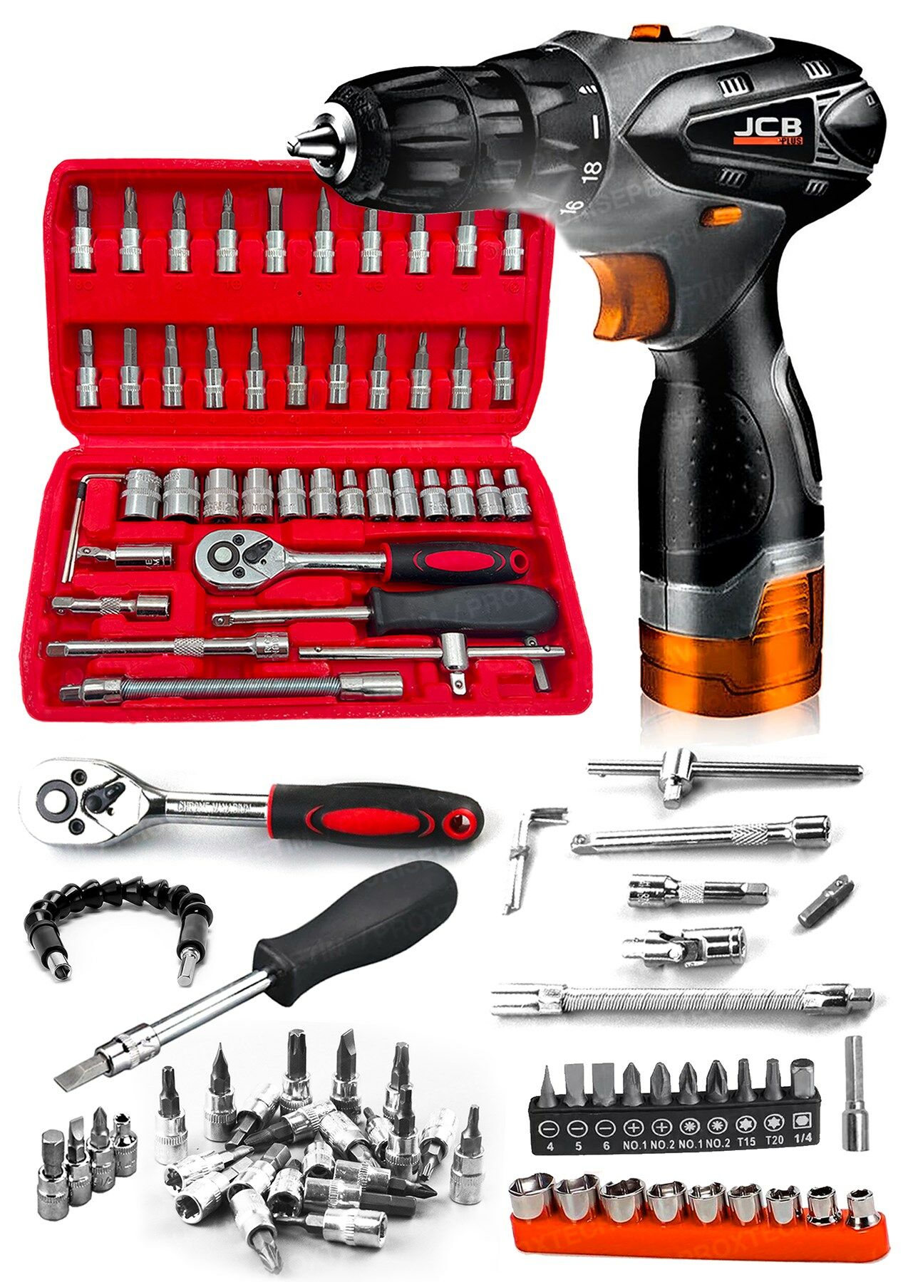 PRO 66 Parça Jsr1800 Professionel Akülü Vidalama Matkap,Krom Kaplı Çelik 42 Parça Cırcırlı Lokma Set