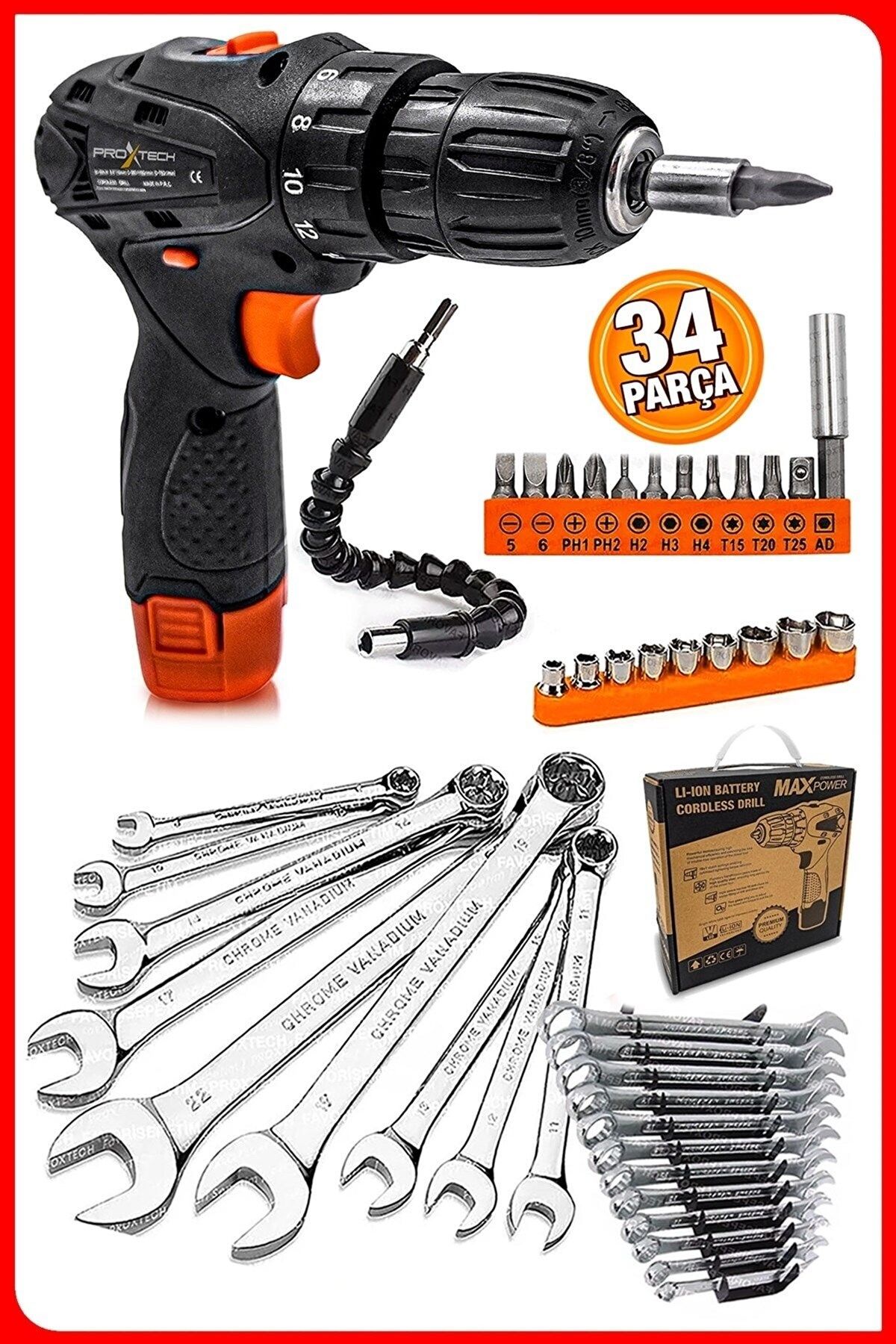 Pro 34 Parça Profesyonel Akülü Vidalama Matkap,Krom Kaplı Çelik 12 Parça Kombine  Set