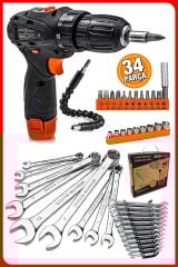 Pro 34 Parça Profesyonel Akülü Vidalama Matkap,Krom Kaplı Çelik 12 Parça Kombine  Set