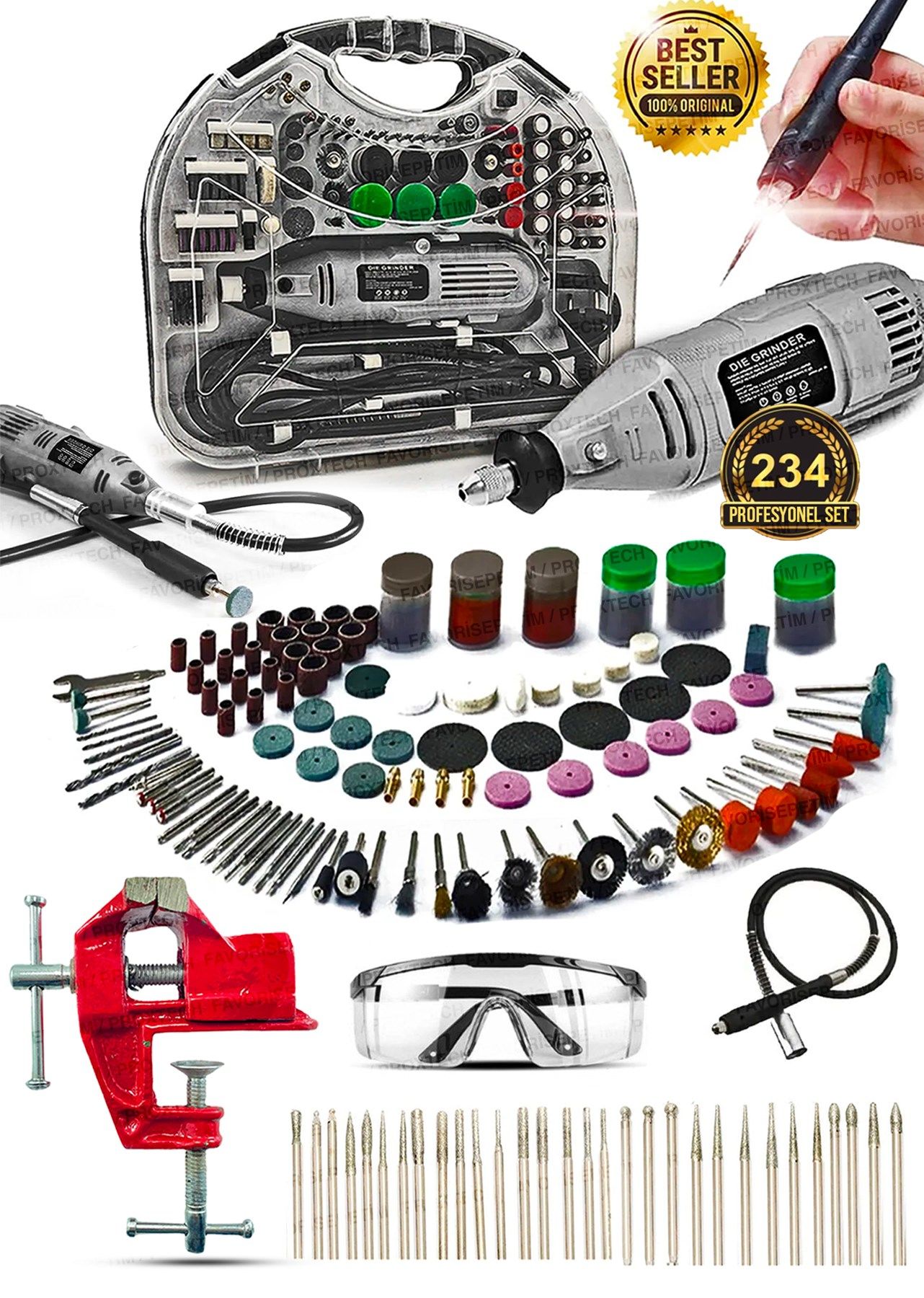 Pro 234PCS 450 Watt 6 Kademe Devirli  Çantalı Dramel Gravür Seti Taşlama, Esnek Şaft Mengene Hediye