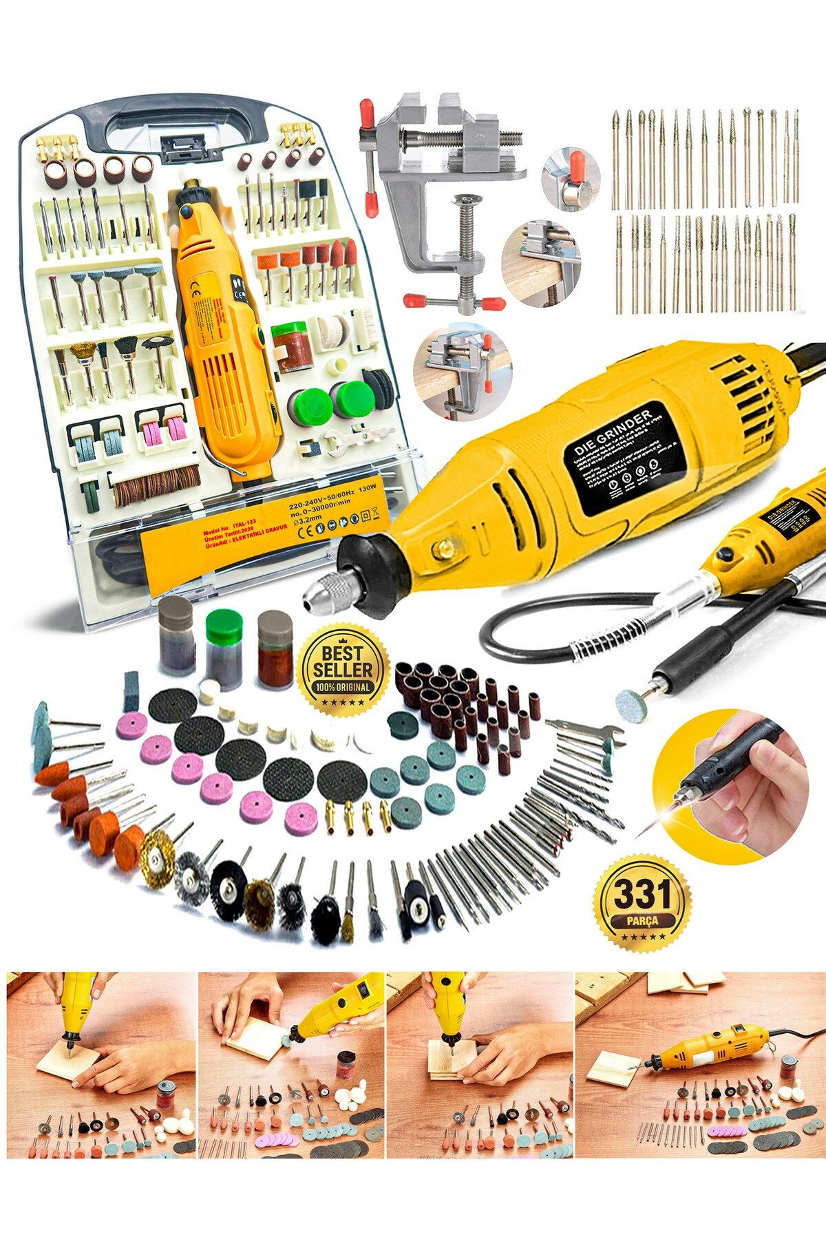 Çok Amaçlı Devir Ayarli 331PCS Hobi Gravür Delme, Parlatma,Pas Sökme Menegene Camoyma Combo Set