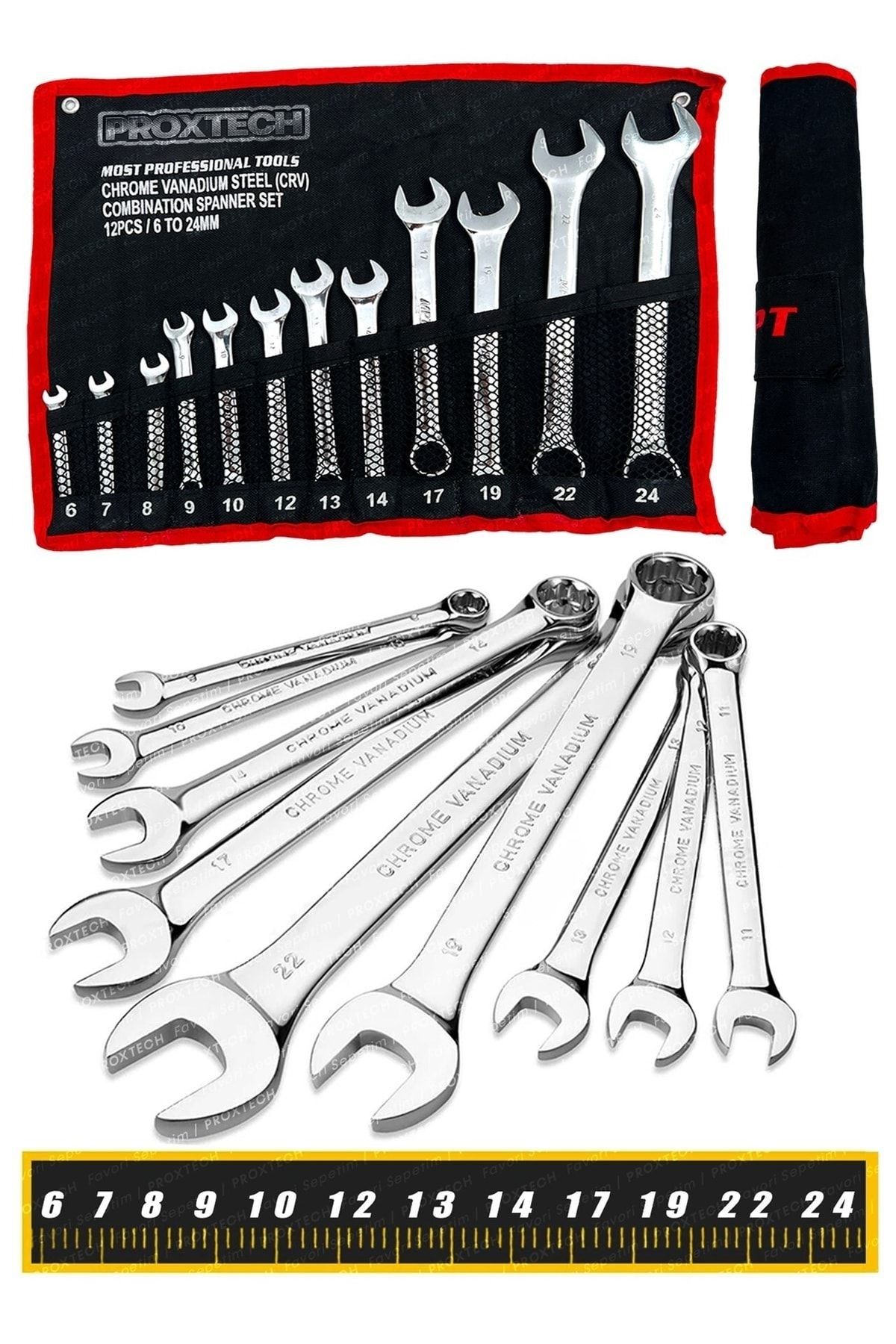 Çantalı Profesyonel Güçlü Sağlam Chrome Vanadium Çelik 12 Parça Kombine Açık Ağız-Yıldız Anahtar Tak