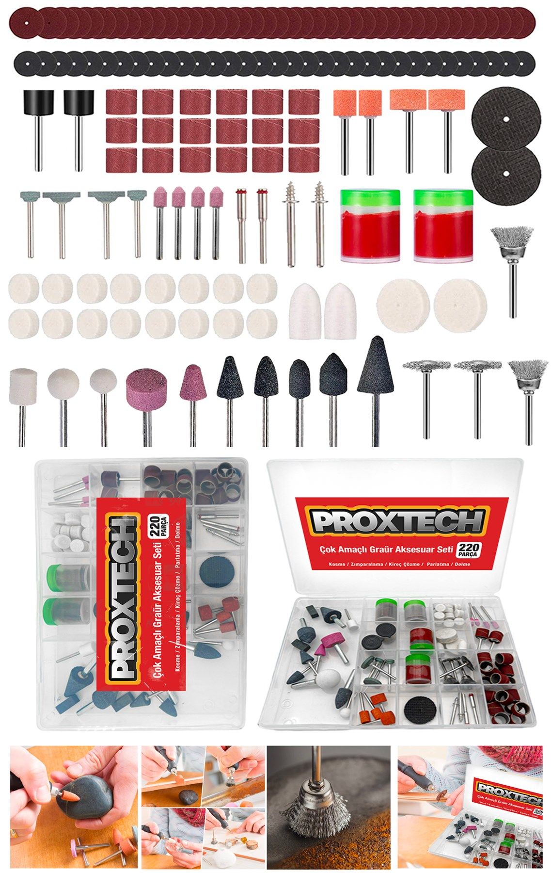 Çantalı Organizer 220Parça Gravür Cam Oyma Delme Parlatma Taşlama Zımpara Dremel Gravür Oyma Çantası