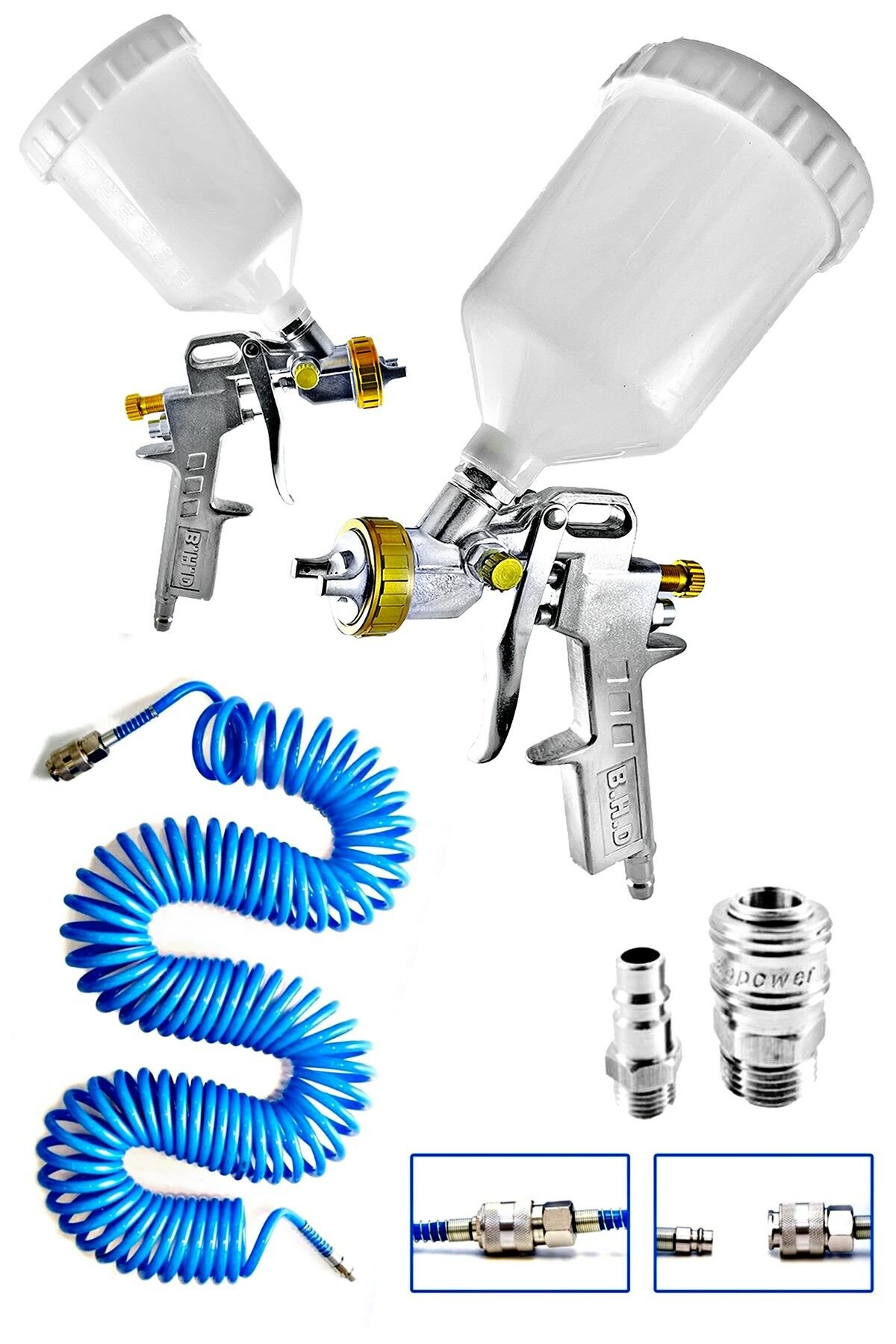 Havalı Üstten Depo 1,3mm  Boya Tabancası, Spiral Hava Hortumu15 mt Hava Jakı  Takım Set