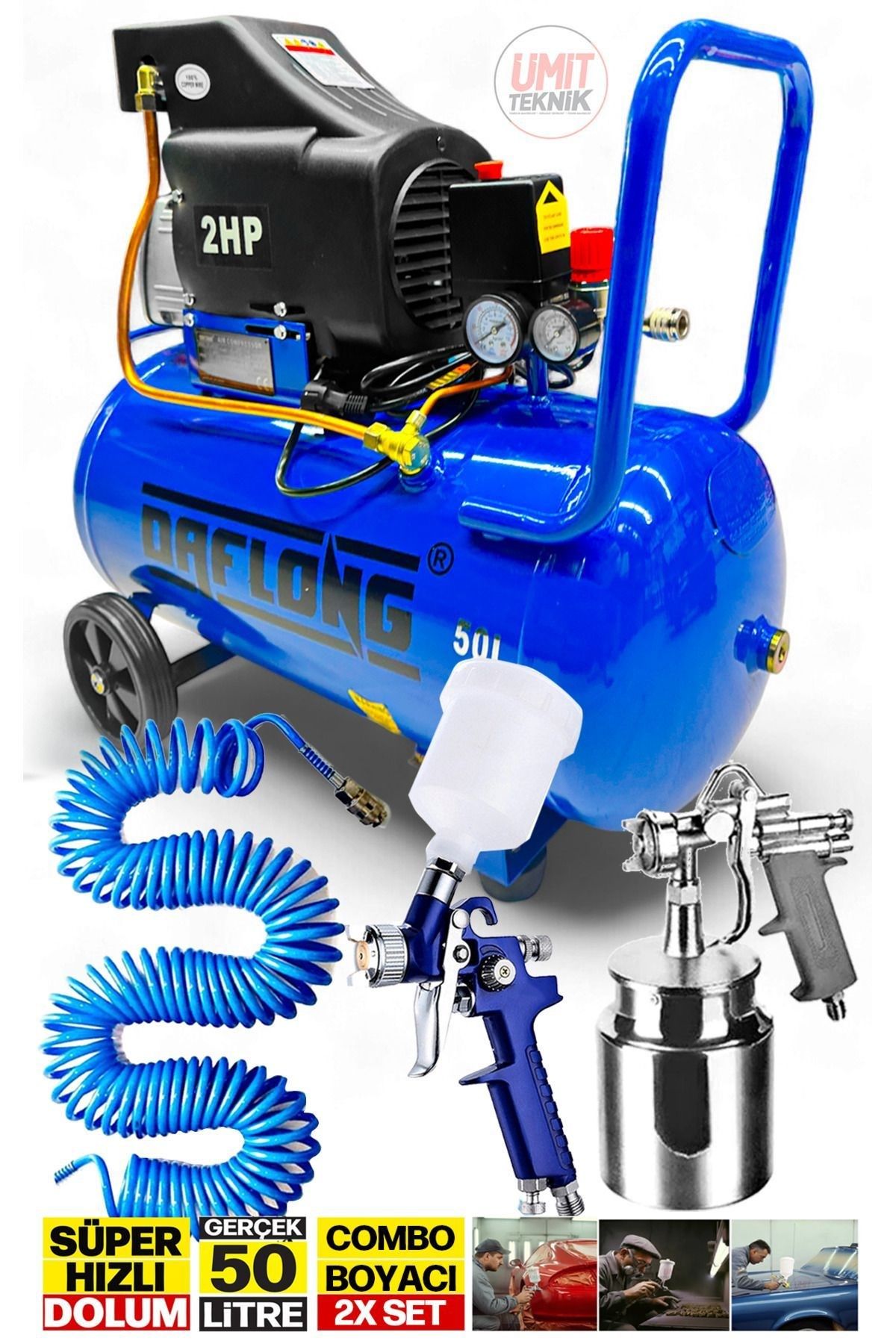 Bakır Sargı Motor Gerçek 50lt 2hp Süper Hızlı Dolum Daflongsseri Hava Kompresörü Havalı Boya Set