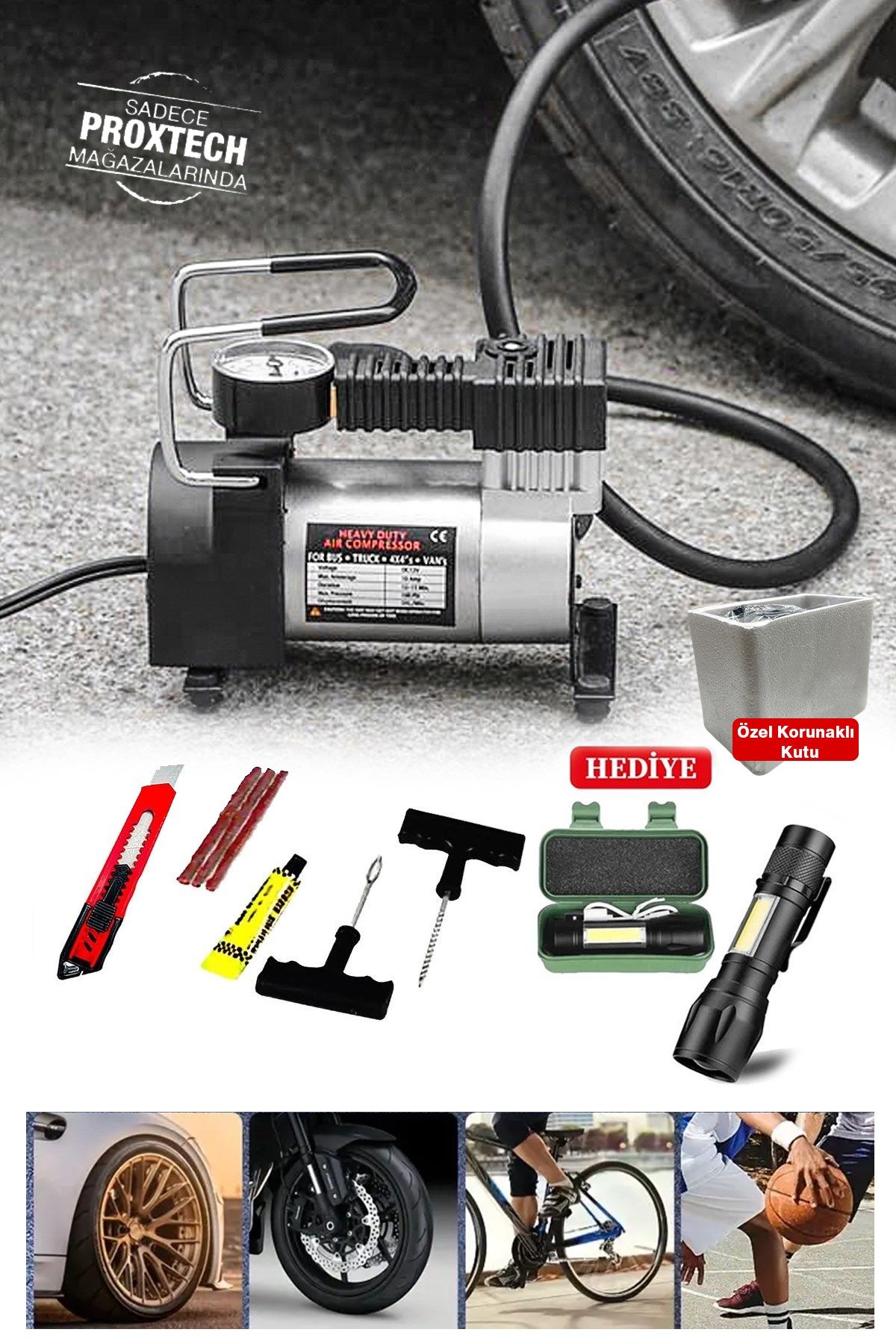 Araç Lastik Şişirme  12 V Araba Oto Araç Lastik Şişirme Pompası 160 PsimetalGövde KompresörCombo Set