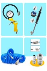 220 PSI Saatli Lastik Şişirme Hava Tabancası, Lastik Şişirme ,15mt Spiral Hava Hortumu, Recor Set