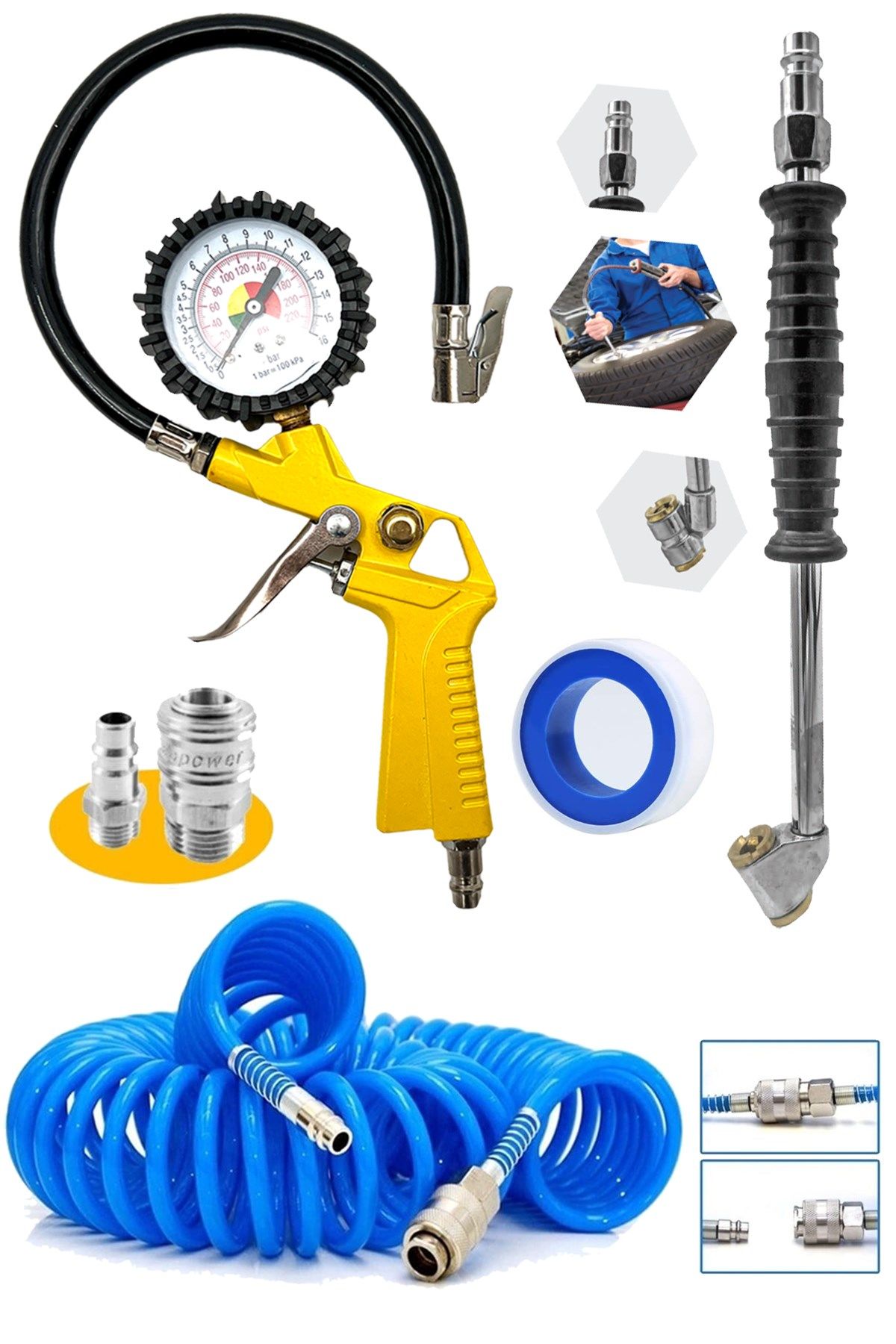 220 PSI Saatli Lastik Şişirme Hava Tabancası, Lastik Şişirme ,15mt Spiral Hava Hortumu, Recor Set