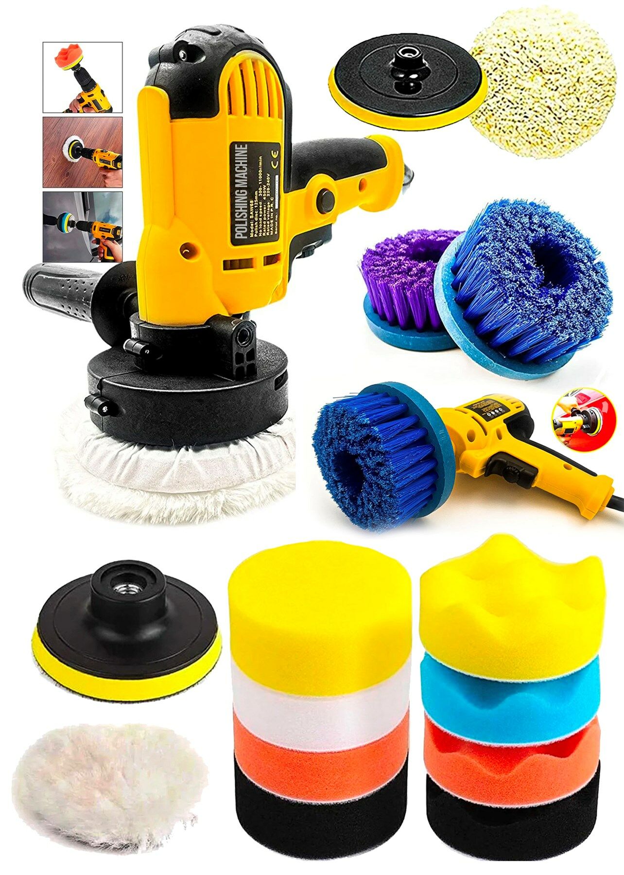 Hobi Set  14 Parça Detay Pasta Cila Koltuk Yıkama Zımpara Parlatma Devir Ayarlı Polisaj Makinesi Set