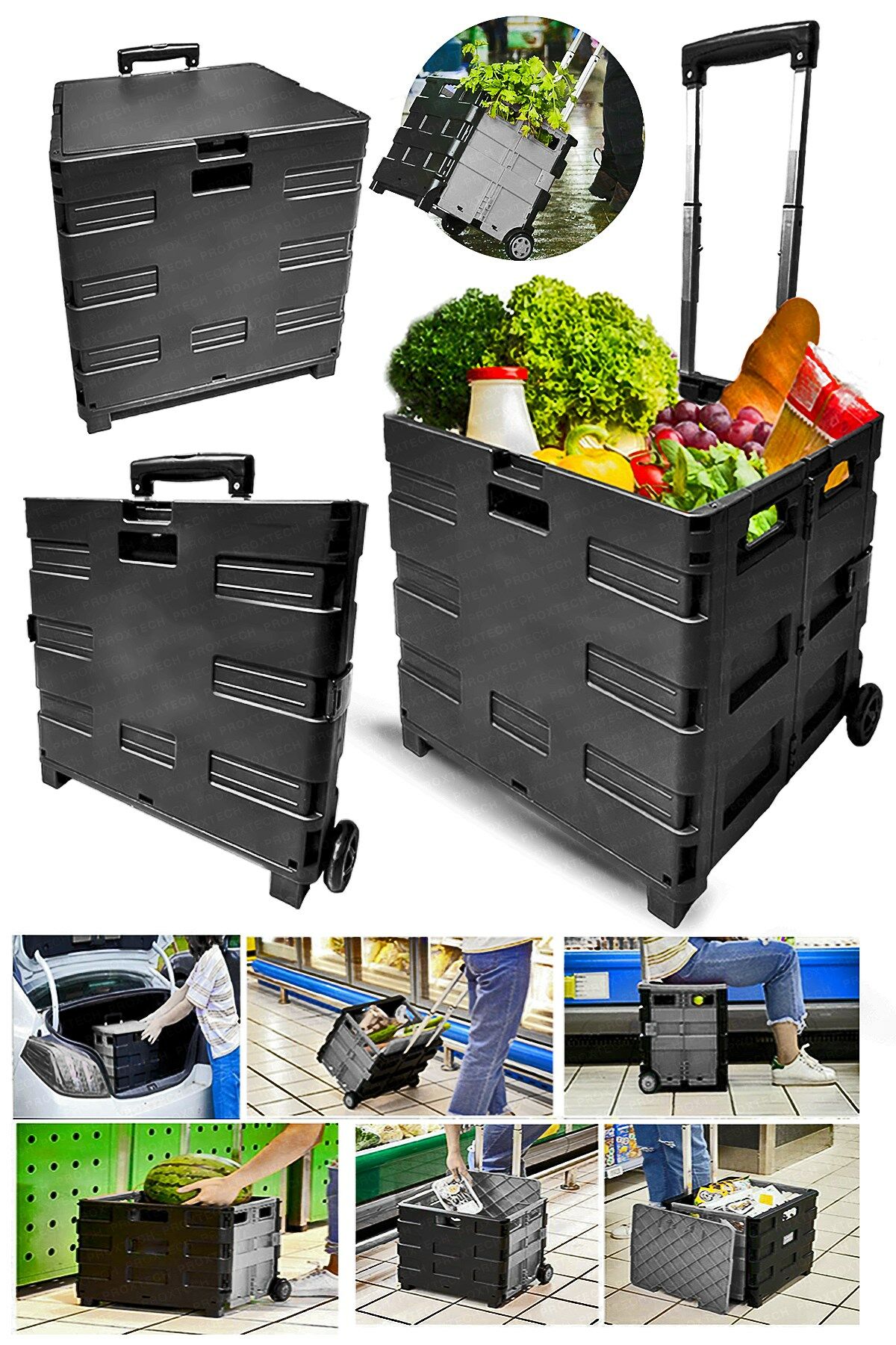 Katlanabilir Yükseklik Ayarlı Tekerlekli Avm Süpermarket Alışveriş Sepeti  Bagaj  Sandık Arabası