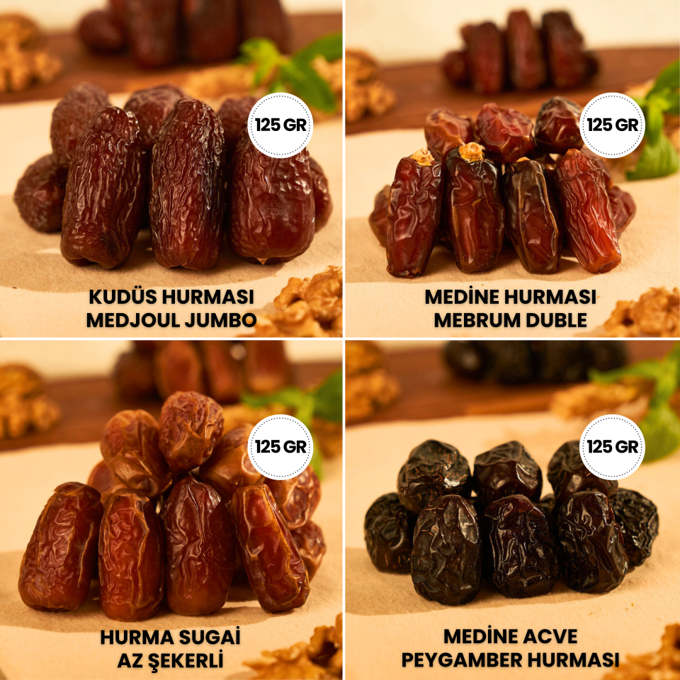 Derme 4lü Hurma Tadım Seti Medjoul,Mebrum, Sugai ve Acve (4 x 125 g Toplam 500 g)