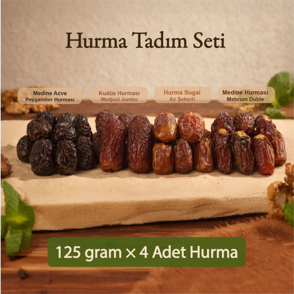Derme 4lü Hurma Tadım Seti Medjoul,Mebrum, Sugai ve Acve (4 x 125 g Toplam 500 g)