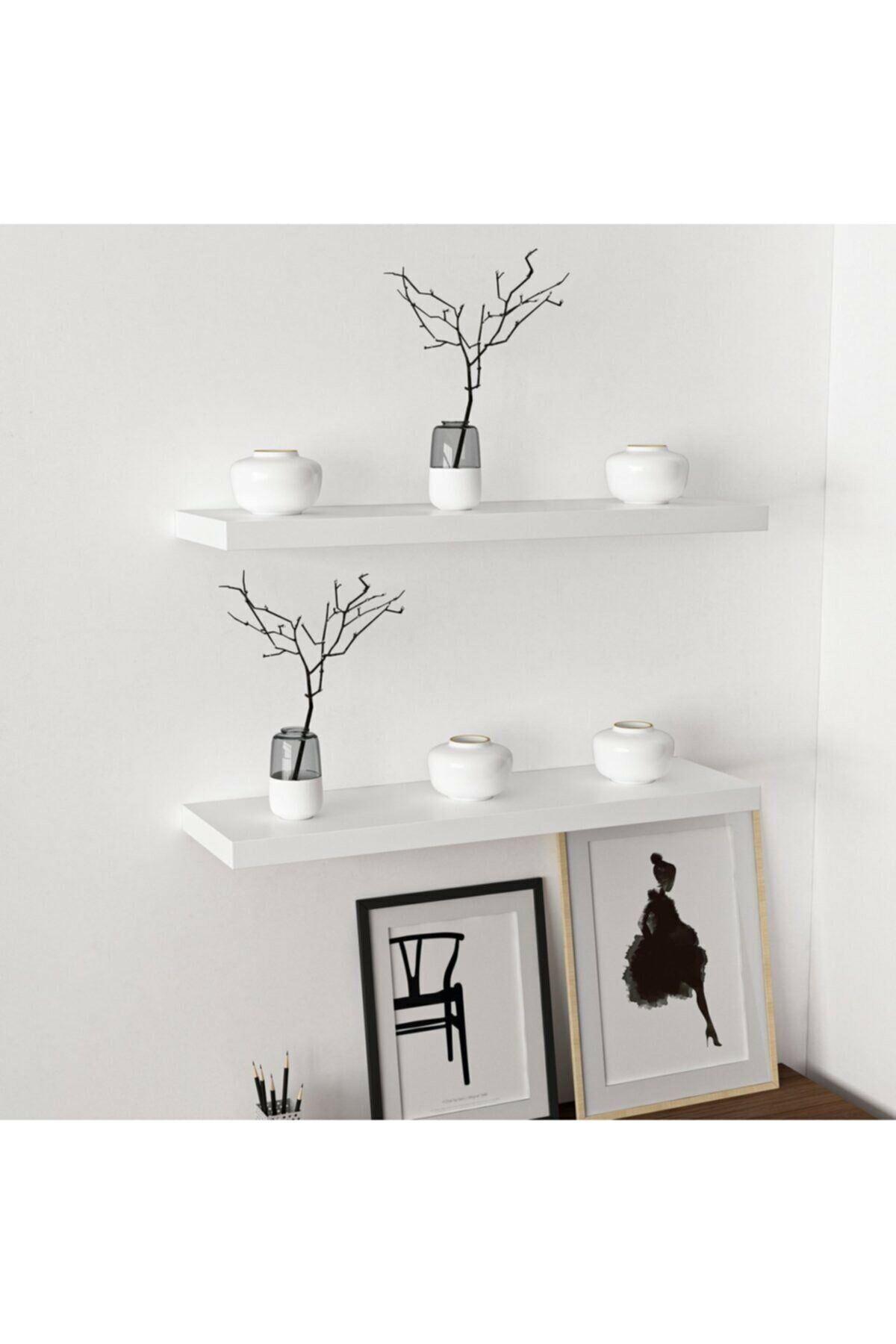 Beyaz Uçan Duvar Rafı 2 Li Set Gizli Raf(50-50)