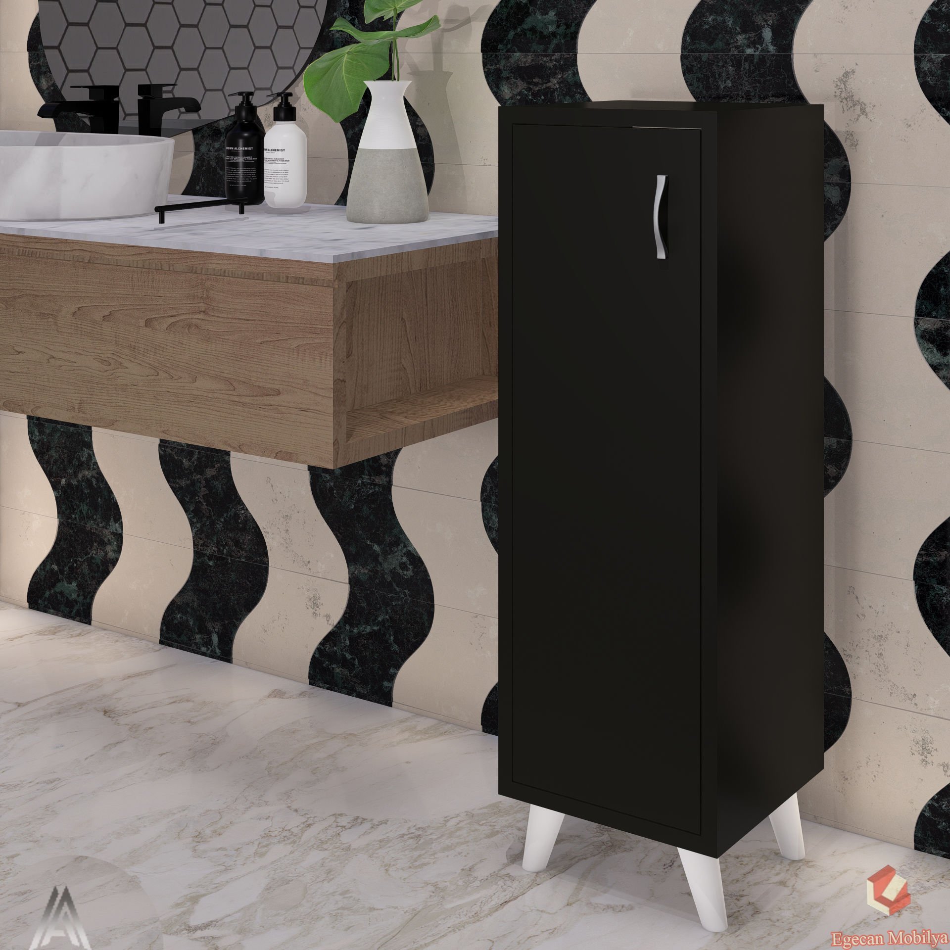 Siyah Tek Kapaklı 3 Raflı Banyo Dolabı Havlu Dolabı Sabunluk Kiler Dolabı Erzak Dolabı Ekmek Dolabı