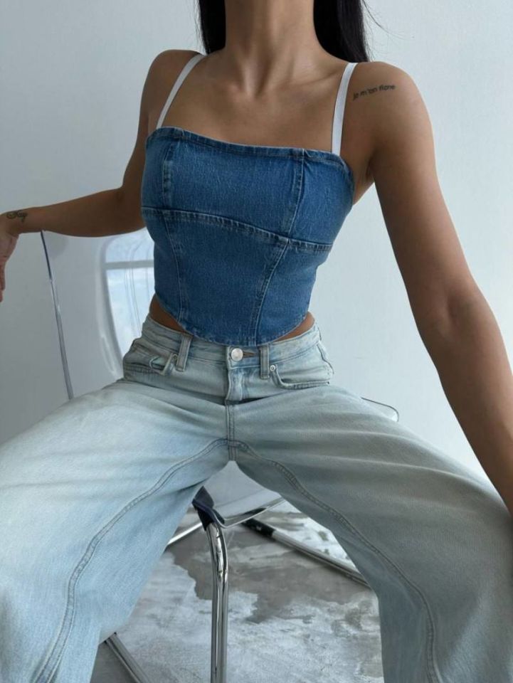 Denim Jeans Crop Top with Suspenders