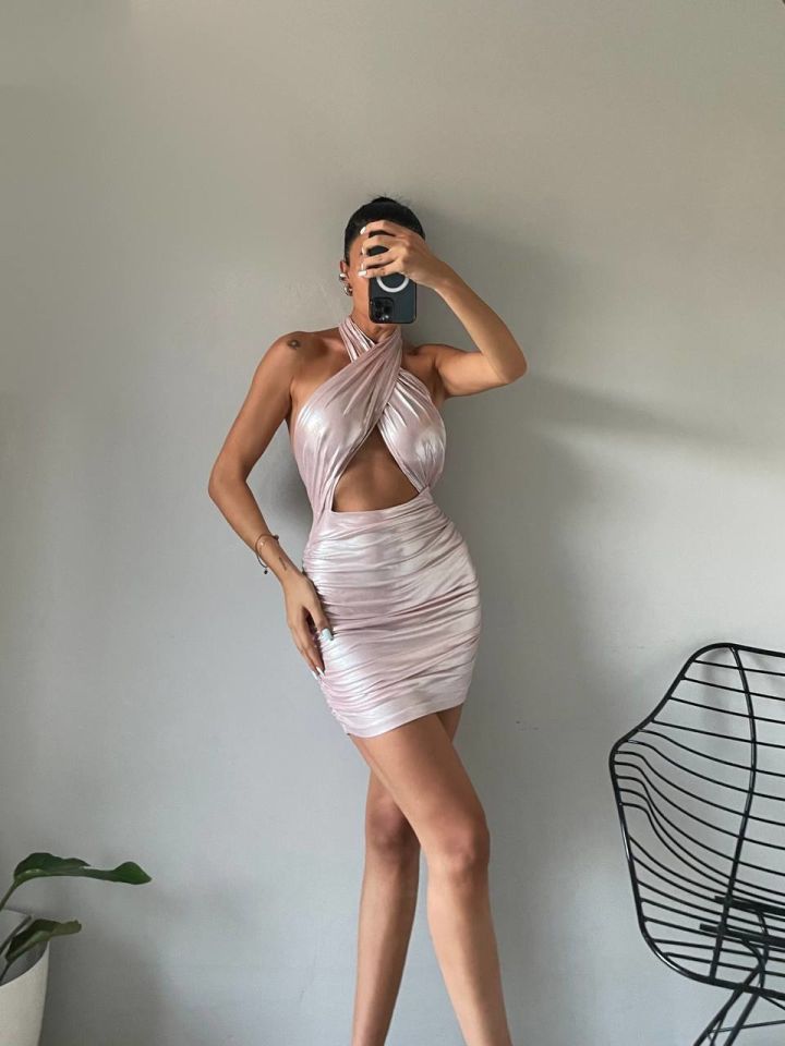 Shine Shiny Halter Neck Mini Dresses Dusty Pink - M