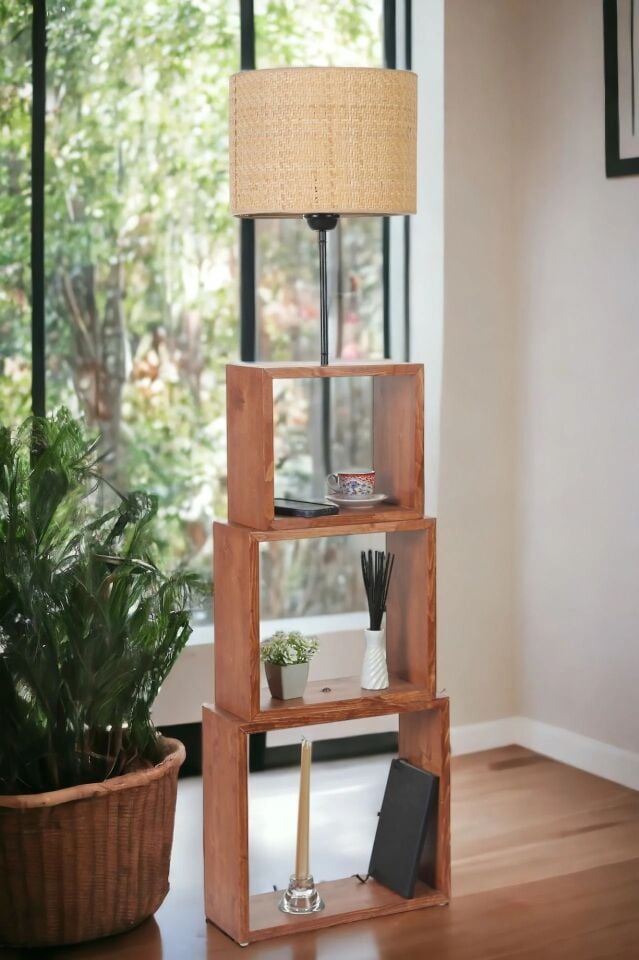 Puzzle Ceviz Silindir Rattan Abajurlu Lambader 