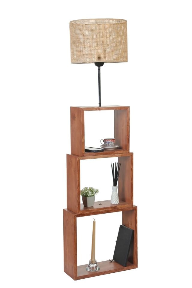Puzzle Ceviz Silindir Örgülü Rattan Abajurlu Lambader 