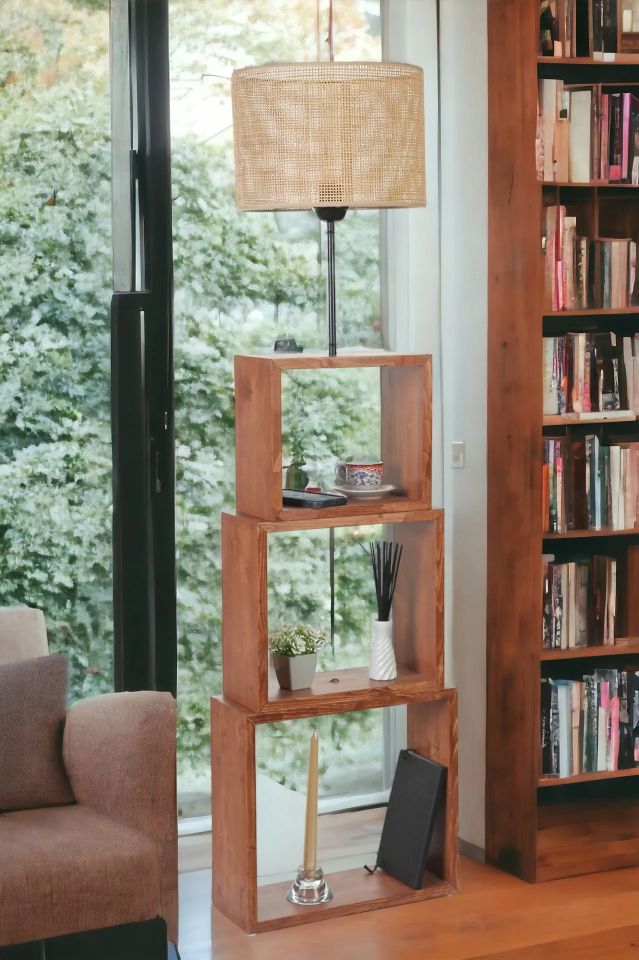 Puzzle Ceviz Silindir Örgülü Rattan Abajurlu Lambader 