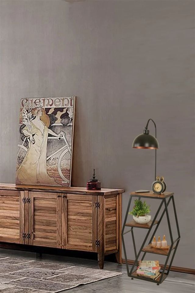 Sembol Ceviz Sehpalı Retro 3 Başlıklı Lambader 