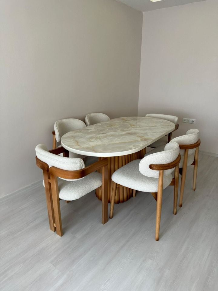 PTT Krem Mermer Masa + T, Polo Sandalye Takımı