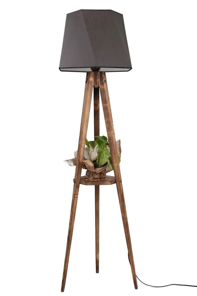 Tripod Yanık Sehpalı Altıgen Koyu Gri Hasır Abajurlu Lambader 
